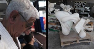 A split-screen image showing an older man with white hair in a white martial arts uniform on the left, and a large, abstract white sculpture in a workshop on the right.