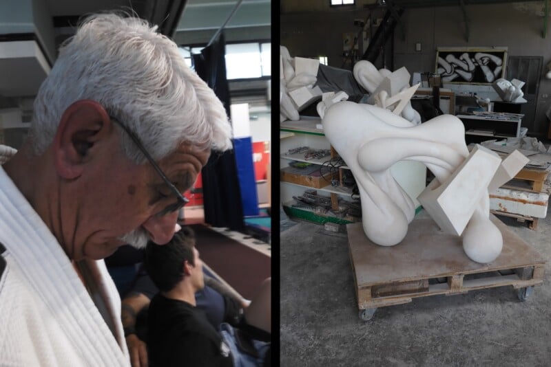 A split-screen image showing an older man with white hair in a white martial arts uniform on the left, and a large, abstract white sculpture in a workshop on the right.