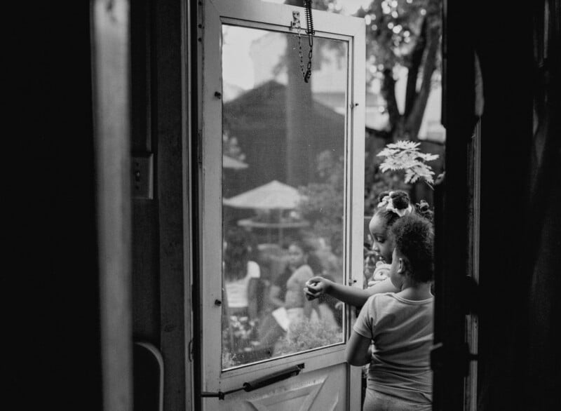 Two young children stand at a screen door, looking out at a backyard gathering.