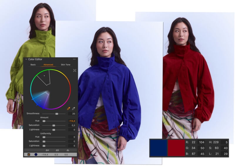 A composite image shows a woman wearing a jacket in three different colors—green, blue, and red—alongside a Capture One color editing tool interface and a color value chart.