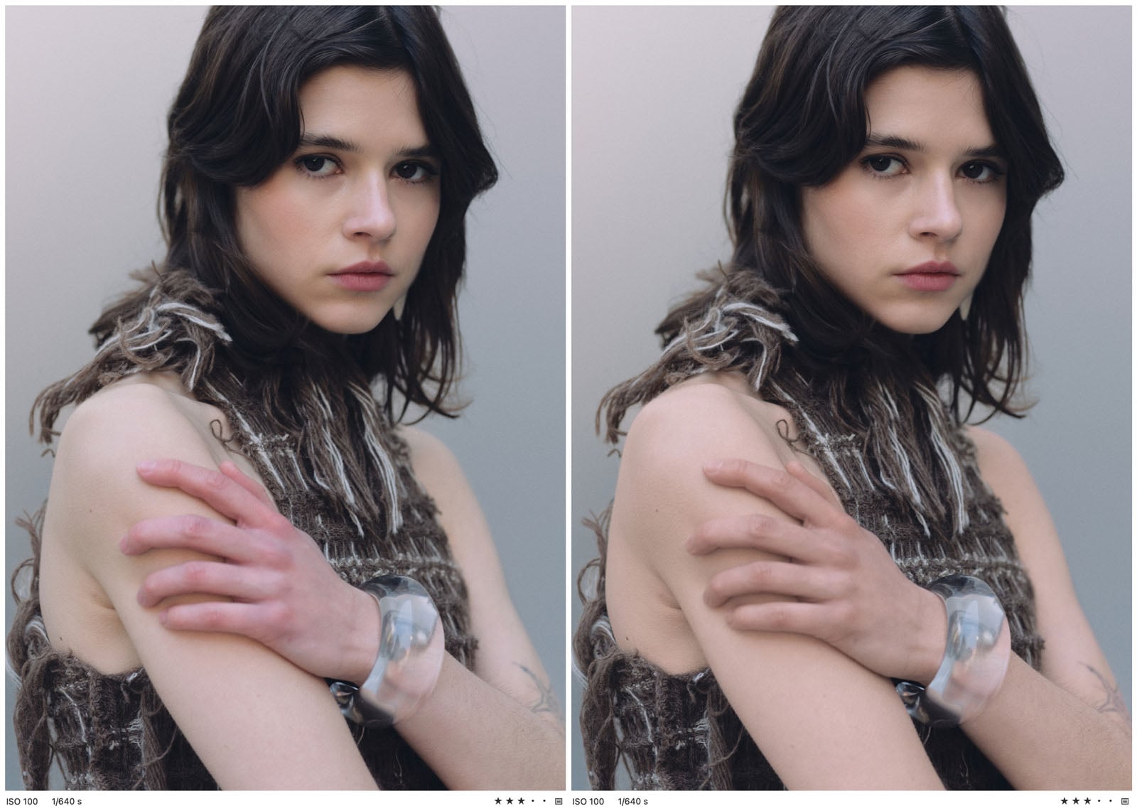 A side-by-side comparison of a portrait of a woman with dark hair wearing a textured brown top and a clear bracelet, showing a difference in skin tone on her arm.