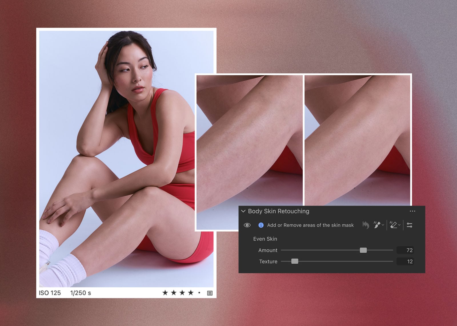 A split-screen comparison of a woman's leg before and after skin retouching, alongside a software panel showing "Body Skin Retouching" settings.