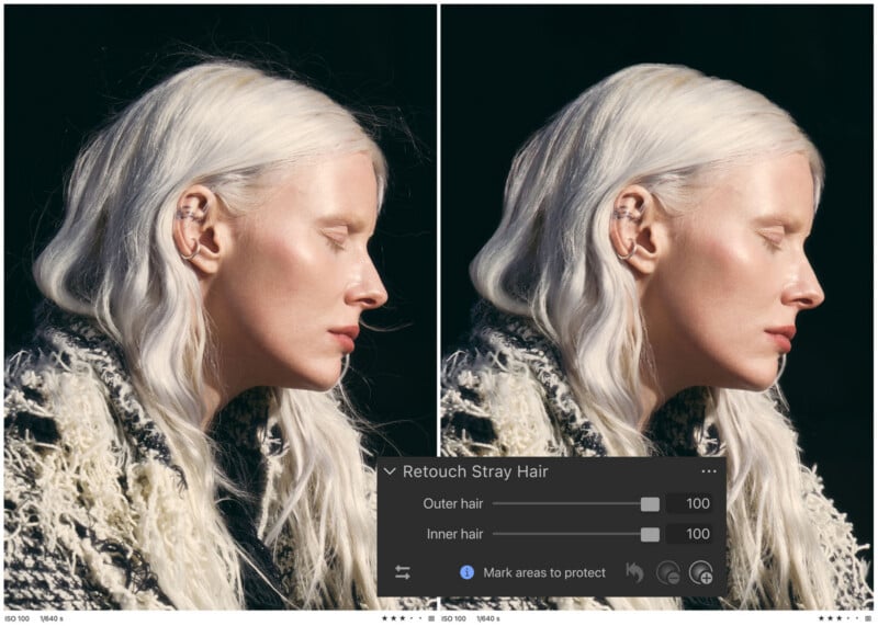 A split-screen comparison shows a side profile of a person with platinum blonde hair before and after using a retouching tool to remove stray hairs against a black background.