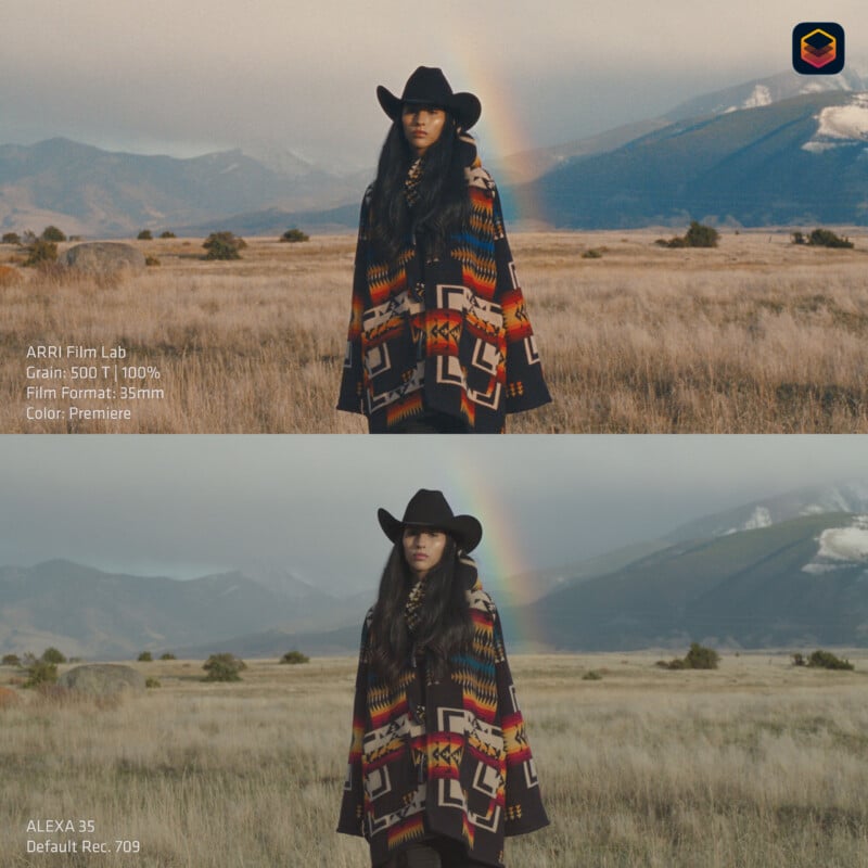 A split-screen comparison shows a woman in a cowboy hat and patterned poncho standing in a field, with the top image featuring a warm, film-like grade and the bottom showing a flatter, neutral color profile.