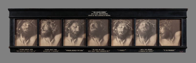 A framed series of seven photographs by F.H. Day titled "The Seven Words," depicting a man wearing a crown of thorns with a corresponding biblical quote below each image.