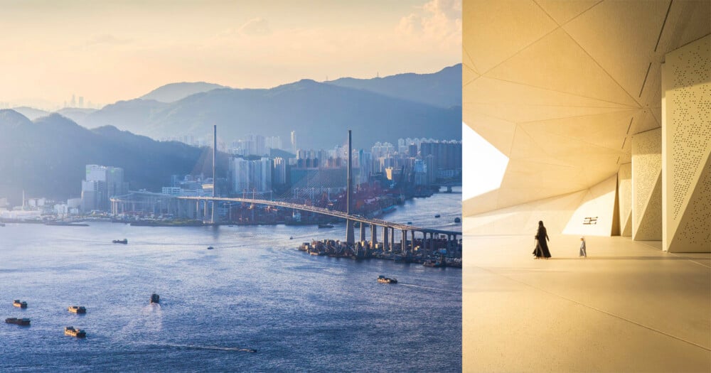 A split-screen view showing a cable-stayed bridge over a harbor on the left and a person and child walking under a geometric, modern architectural structure on the right.