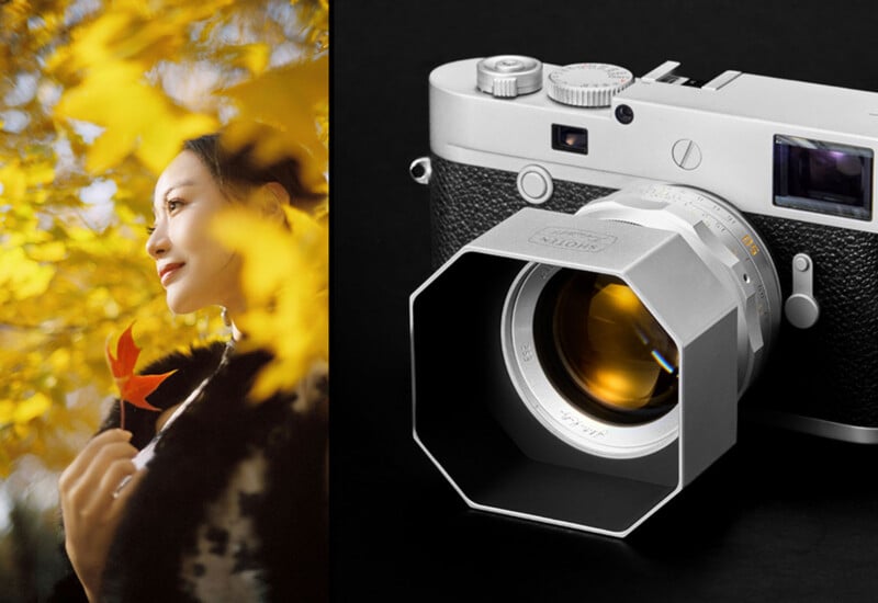 A split-screen image showing a woman holding a red leaf amidst yellow autumn foliage on the left, and a silver rangefinder camera with a large, octagonal lens hood on the right.