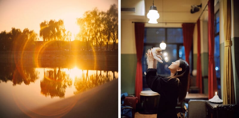 A split-screen view showing a sunset reflecting on a calm river on the left, and a woman holding a small puppy up in a warmly lit room on the right.