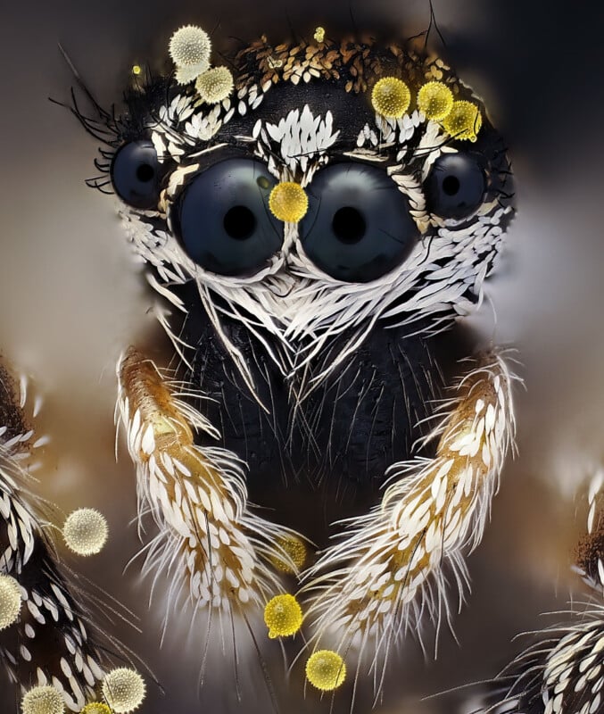A macro close-up of a jumping spider's face, showing its large dark eyes, white sensory hairs, and scattered yellow pollen grains.