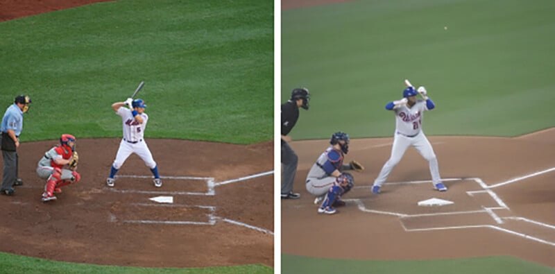 Two side-by-side views of baseball batters at home plate, each with a catcher and an umpire nearby.