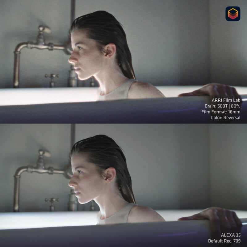 A split-screen comparison shows a woman in a bathtub, with the top half featuring a grainy film effect and the bottom half showing a clean digital image.