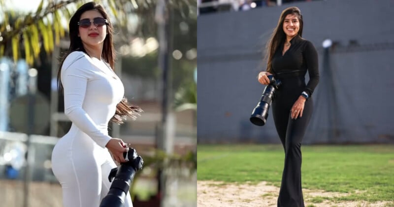 A split-screen image shows a woman holding a professional camera, wearing a white long-sleeved jumpsuit on the left and a black long-sleeved jumpsuit on the right.