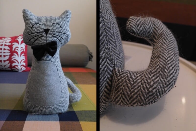 A split image showing a grey herringbone fabric cat doorstop with a black bow tie, and a close-up of its curved tail.