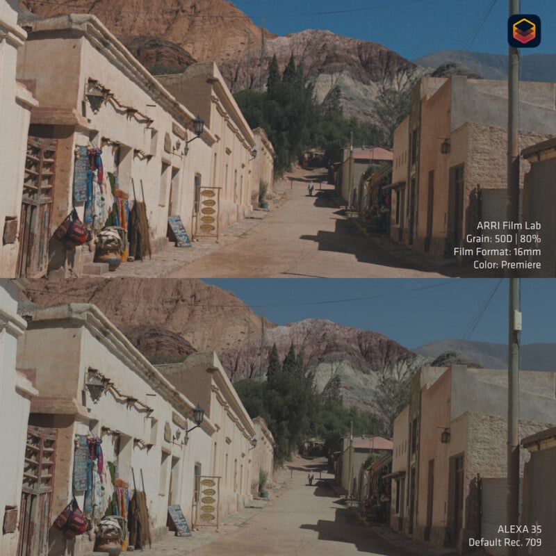 A split-screen comparison shows a dusty street in a desert town with adobe buildings, with the top image featuring a film-like grain effect and the bottom image showing a standard digital look.