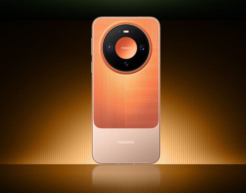 A Huawei smartphone with a textured orange back panel and a large circular camera module featuring the X.MAGE logo, centered against a warm, gradient background.