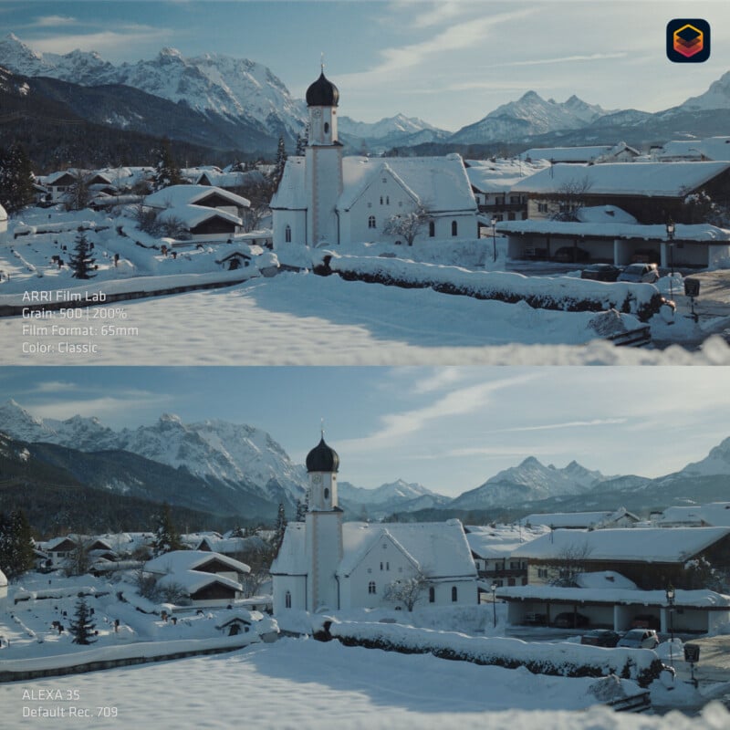 A split-screen comparison of a snowy village with a church and mountains, showing a film-emulated version above and a standard digital version below.