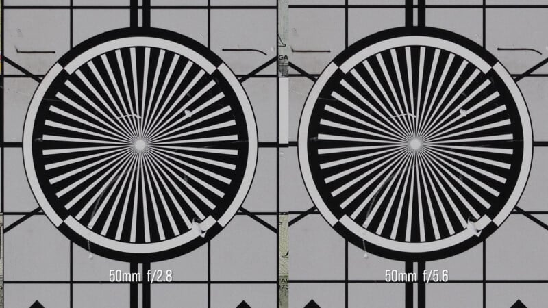 A side-by-side comparison of two test charts showing a radial pattern, labeled 50mm f/2.8 on the left and 50mm f/5.6 on the right.
