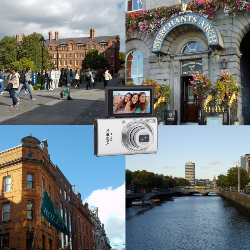 A collage shows a university campus, the Merchants Arch bar, a Rolex flag on a brick building, a river scene, and a digital camera displaying a selfie of three women.