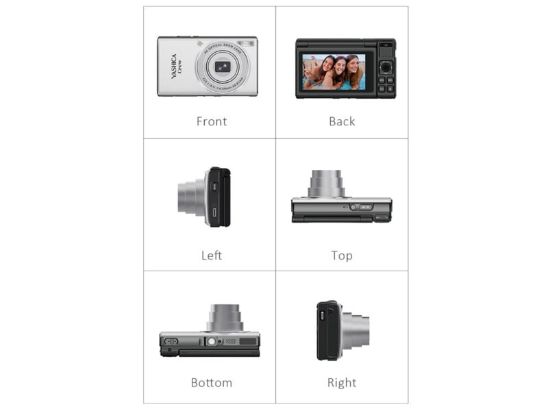 A grid showing six views of a silver and black digital camera labeled Front, Back, Left, Top, Bottom, and Right.