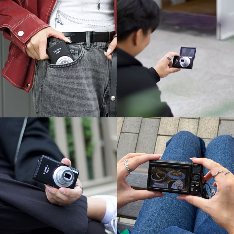 A four-panel collage shows a person holding and using a black Yashica Crew digital camera in various settings, including sliding it into a pocket, taking a selfie with the screen flipped up, and viewing photos on the rear display.