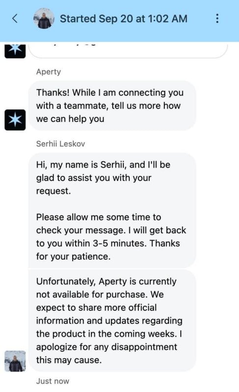 A chat transcript from September 20 shows a customer support representative named Serhii Leskov informing the user that the product Aperty is currently unavailable for purchase.