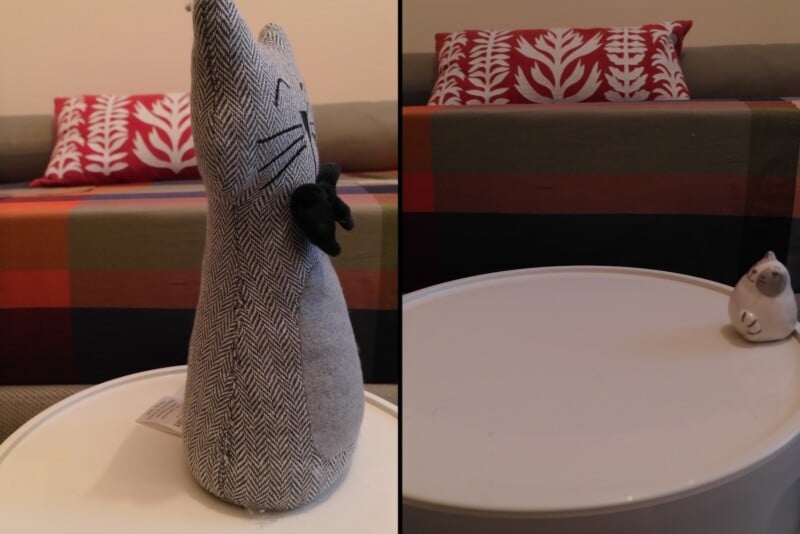 A split-screen view shows a grey herringbone fabric cat doorstop on the left and a small ceramic cat figurine on a white table on the right.