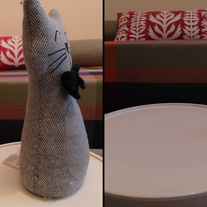A split-screen view shows a grey herringbone-patterned fabric cat doorstop with a black bow tie on the left and a white circular table surface on the right.