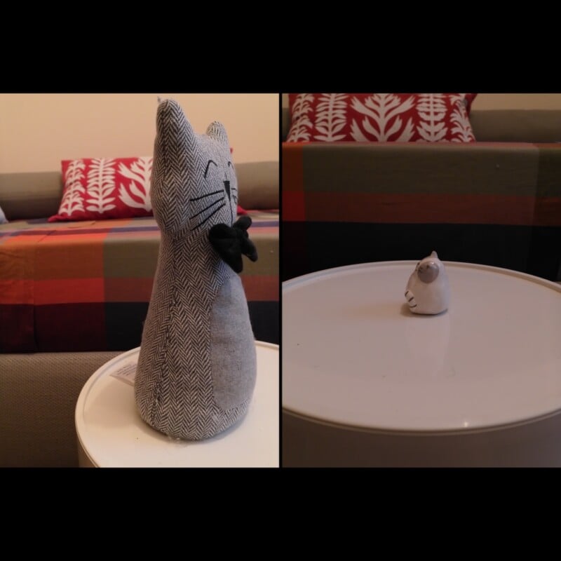 A split-screen view shows a fabric cat doorstop on the left and a small ceramic cat figurine on a white table on the right.