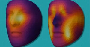 Two low-poly 3D digital models of human faces displayed against a teal background, rendered with a heat-map color gradient.