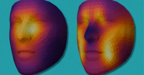 Two low-poly 3D digital models of human faces displayed against a teal background, rendered with a heat-map color gradient.