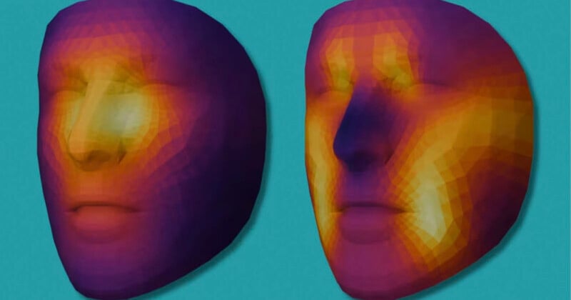 Two low-poly 3D digital models of human faces displayed against a teal background, rendered with a heat-map color gradient.