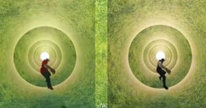 A split-screen view showing two people walking inside a long, cylindrical tunnel with a bright light at the far end.