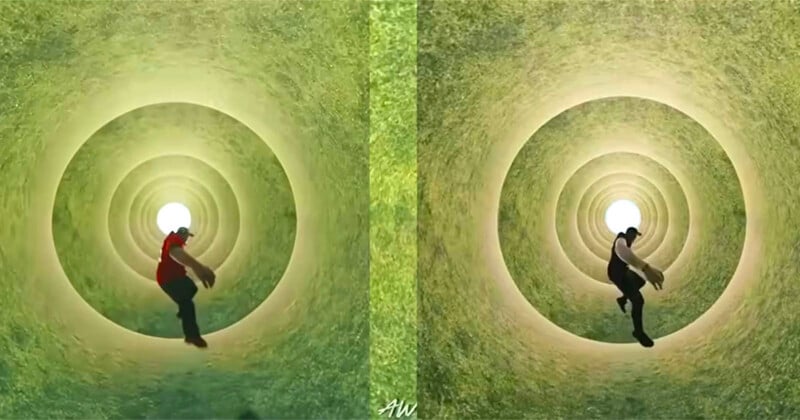 A split-screen view showing two people walking inside a long, cylindrical tunnel with a bright light at the far end.