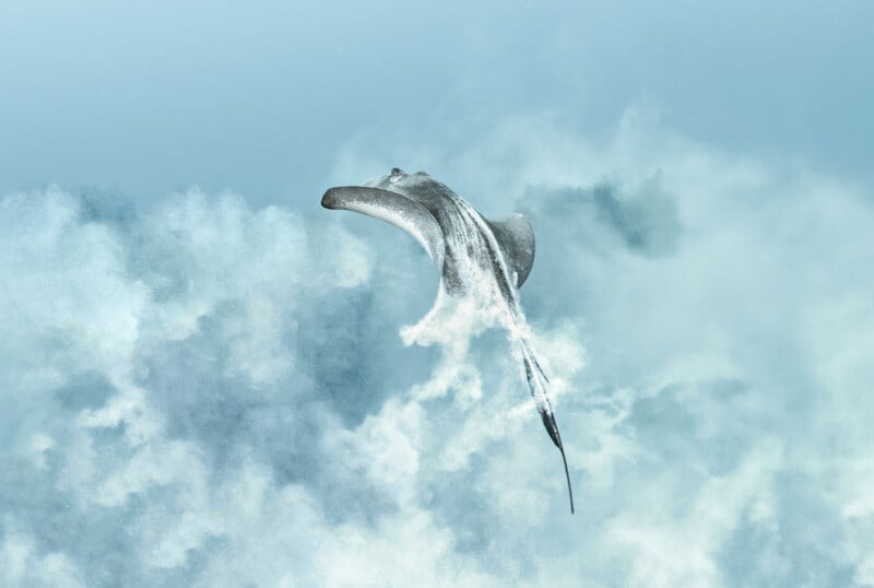A stingray swims through a cloud of bubbles in blue water.