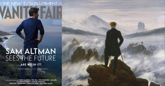 A split-screen comparison showing a Vanity Fair magazine cover featuring Sam Altman on the left and Caspar David Friedrich's painting "Wanderer above the Sea of Fog" on the right.