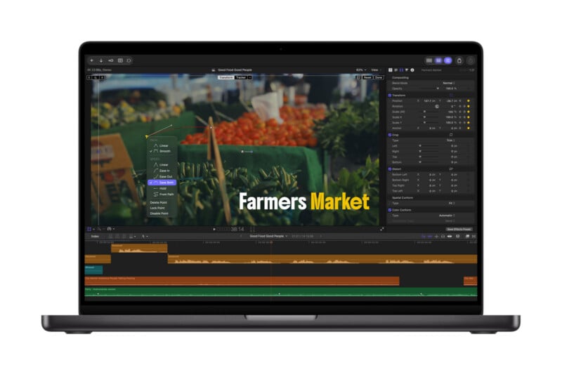A laptop screen displays the DaVinci Resolve video editing software with a project titled "Farmers Market" open.
