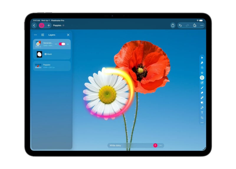 A tablet screen displays the Pixelmator Pro interface, showing a layer panel on the left and a photo of a daisy and a poppy with a colorful loading ring overlay in the center.