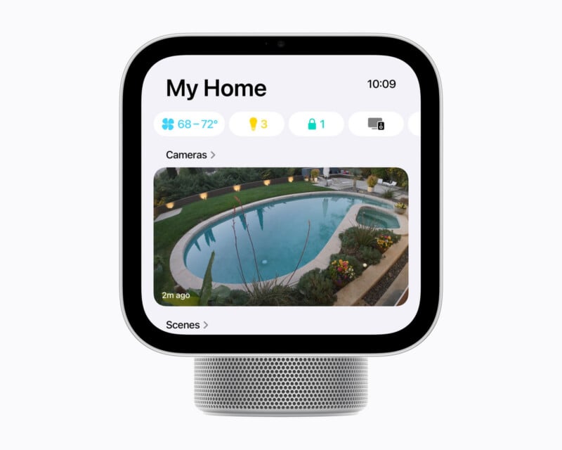 A smart home display device shows a "My Home" interface with a live camera feed of a backyard swimming pool, status icons for climate, lights, locks, and media, and a time of 10:09.