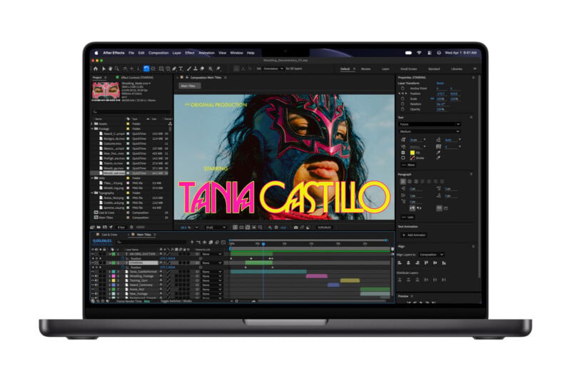A laptop screen displays the Adobe After Effects interface with a project titled "Wrestling_Documentary_V2.aep" open, showing a video composition of a wrestler.