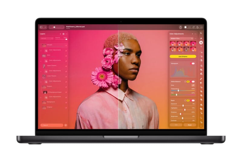 A laptop screen displays a photo editing application with a split-screen view of a portrait of a person with pink flowers, alongside various layer and color adjustment panels.