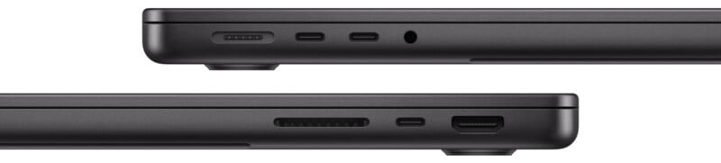 Two side profiles of a dark gray laptop showing various ports, including MagSafe, USB-C, headphone jack, SD card slot, and HDMI.