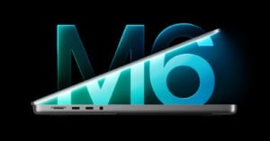 A partially open laptop sits against a black background with the large, glowing blue text "M6" behind it.