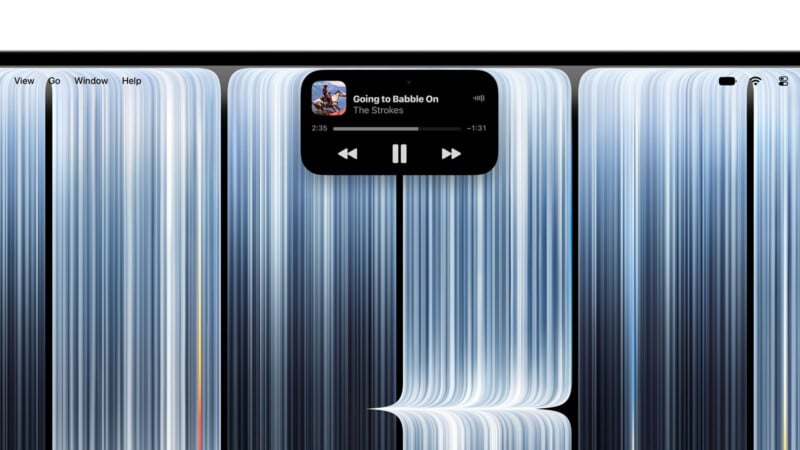 A computer desktop interface displays a music player widget showing "Going to Babble On" by The Strokes over a vertical, abstract blue and white striped wallpaper.