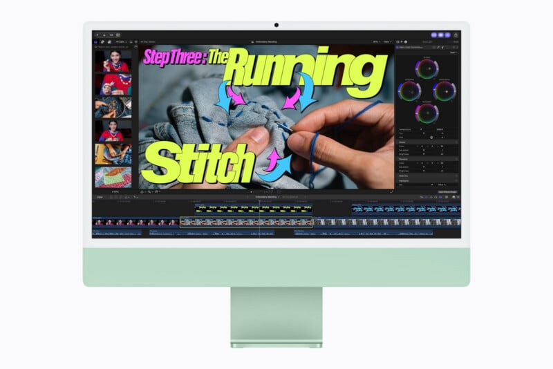 A light green iMac displays a video editing interface showing a tutorial for a running stitch on denim fabric.