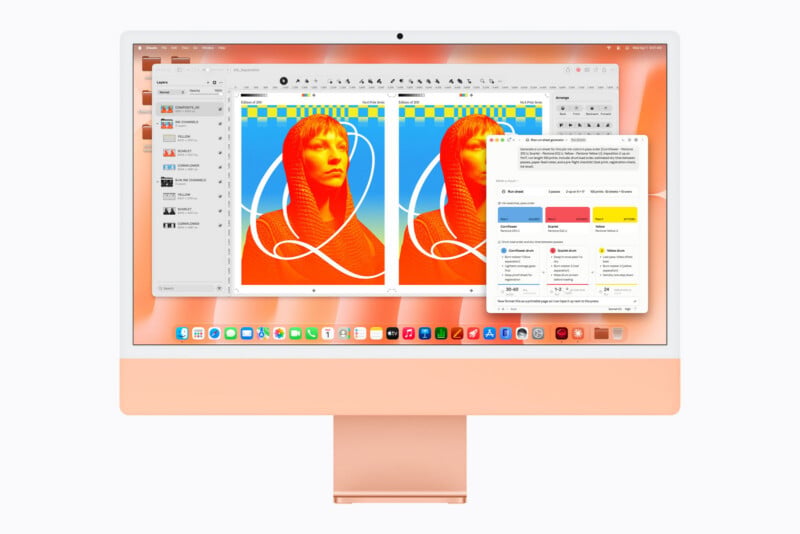 A pink iMac displays a desktop interface with an open design application showing a Riso print project with color separation layers and a run sheet generator window.