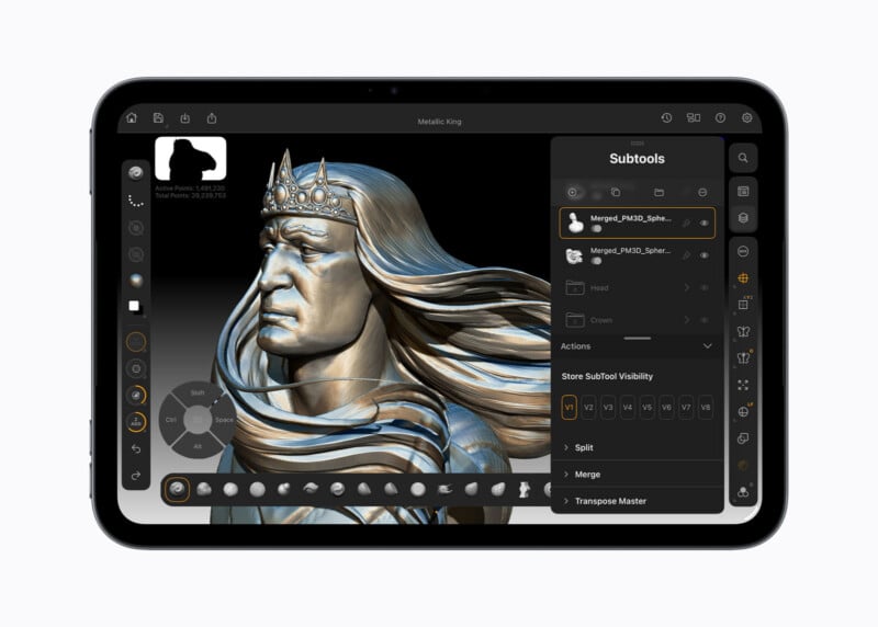 A tablet screen displays the ZBrush interface showing a 3D digital sculpture of a king with long hair and a crown, with a subtools menu open on the right.