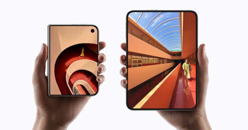 Two hands hold a foldable smartphone in its closed, compact state on the left and its fully unfolded, tablet-like state on the right.