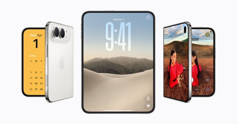 Three mobile devices are displayed against a plain background: a phone showing a calendar, a large foldable tablet, and a phone displaying a camera interface.
