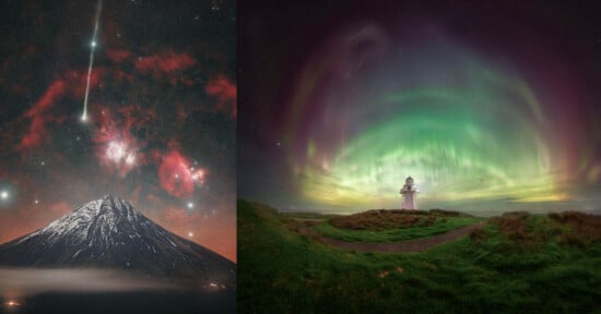 A split-screen image showing a snow-capped mountain under a starry, nebula-filled sky on the left and a lighthouse beneath a vibrant aurora on the right.