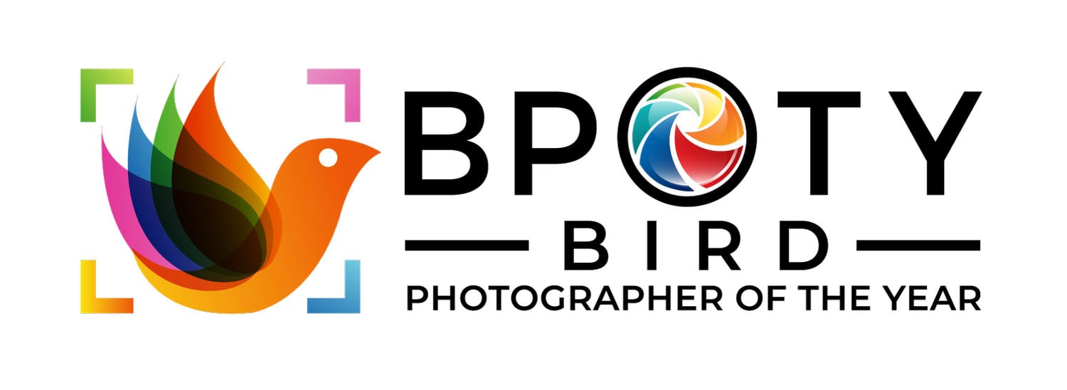 The logo for Bird Photographer of the Year features a colorful, stylized bird icon inside a camera frame, followed by the text "BPOTY BIRD PHOTOGRAPHER OF THE YEAR.